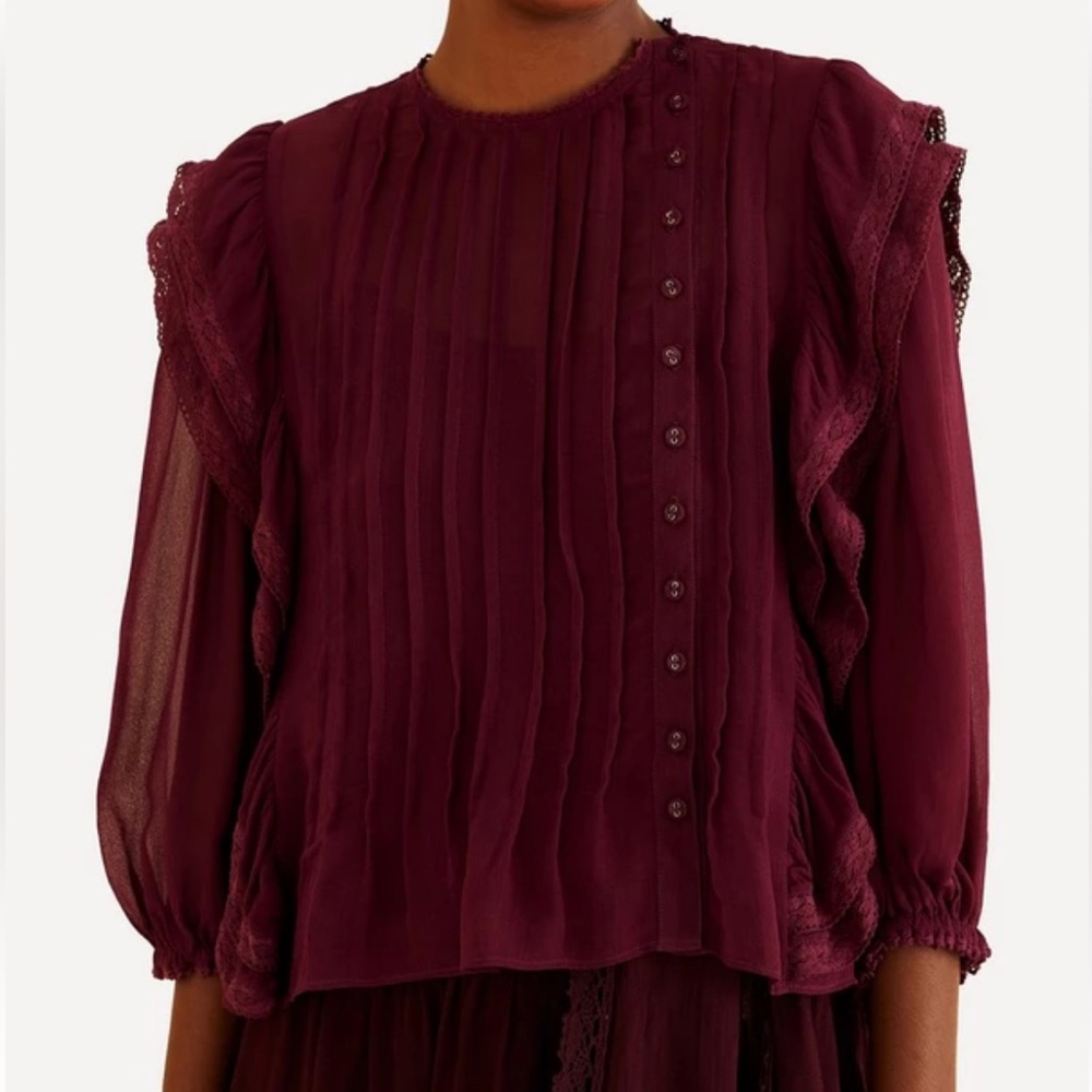 FARM Rio Burgundy Ruffled Pleat-Front Blouse with buttons